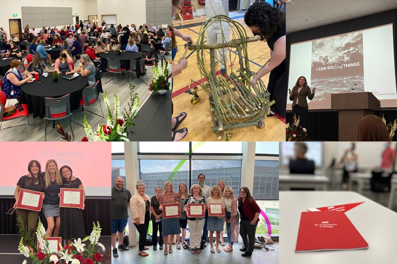 A collage of photos taken at LCC in person in Kingston, including the keynote speaker, building a twig chair, employee award winners, and an SLC notebook
